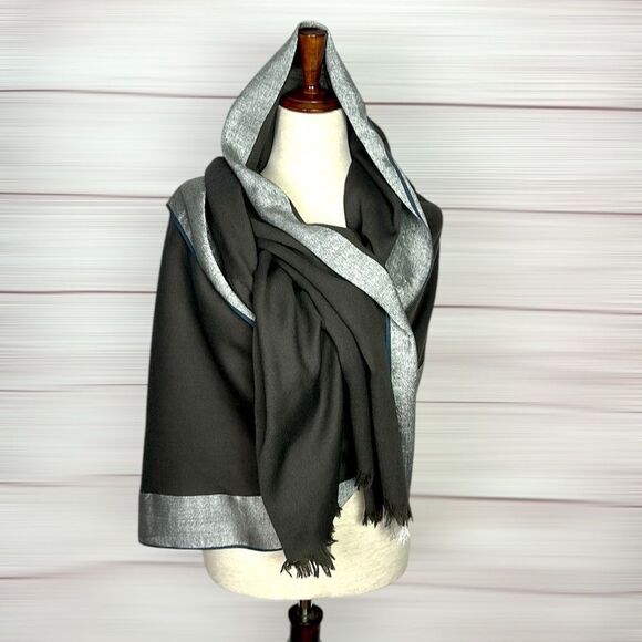 NWOT Echo Large Blanket Scarf Wool Blend Dark Army Green with Silver Trim 74x38” - Picture 2 of 8
